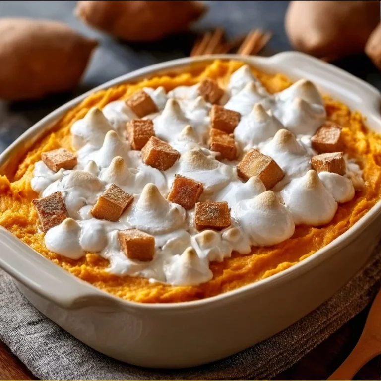 Delicious homemade sweet potato casserole topped with marshmallows.