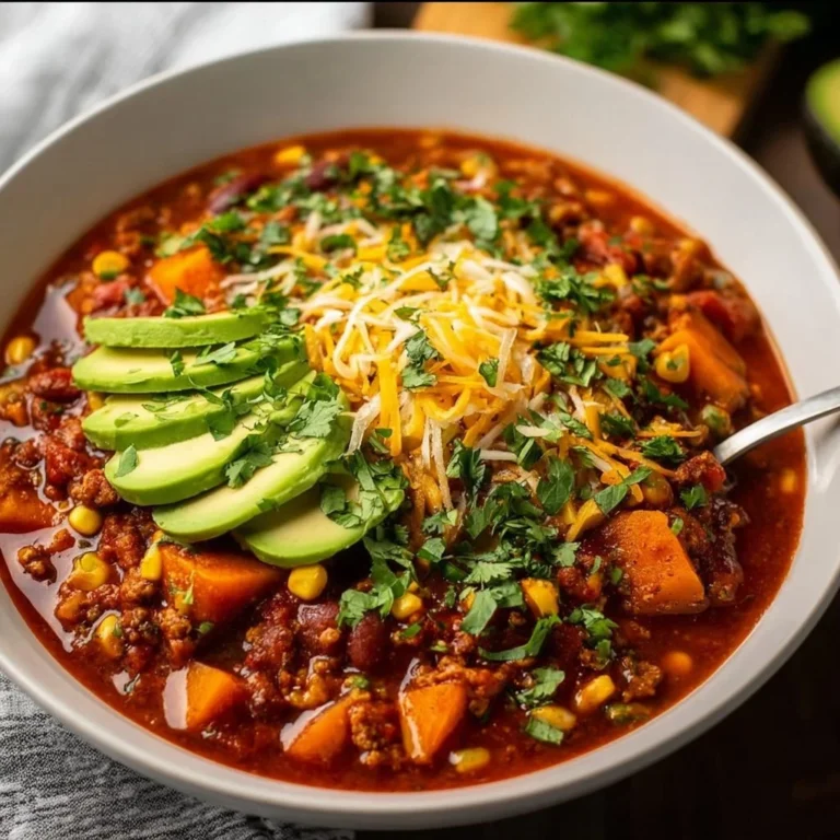 Bowl of sweet potato turkey chili topped with fresh herbs and spices
