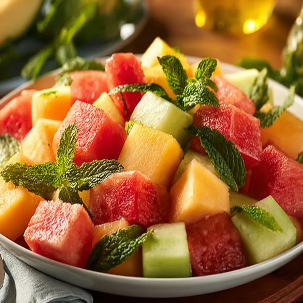 A vibrant Tropical Pirate’s Watermelon Rum Salad garnished with mint and rum.
