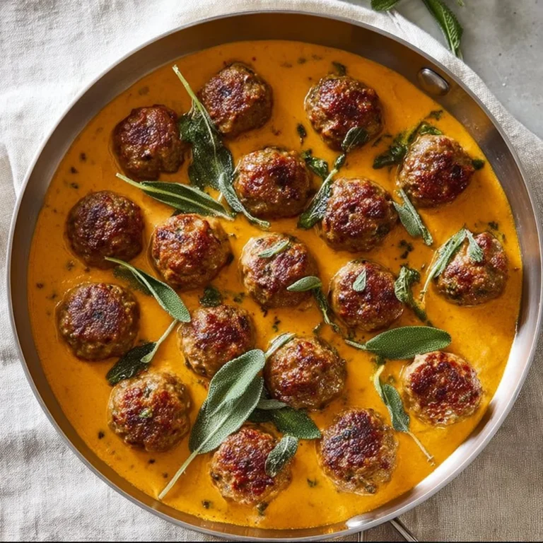 Delicious turkey meatballs in creamy pumpkin sage sauce served on a plate.