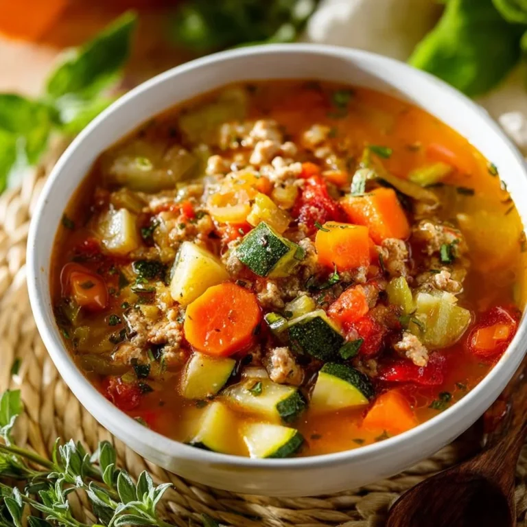 Bowl of delicious Turkey Vegetable Soup filled with fresh vegetables and turkey.