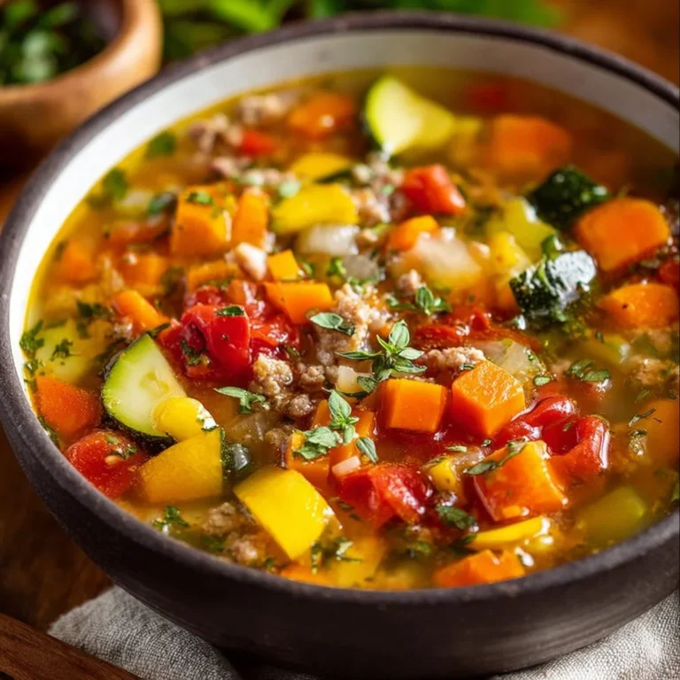 Bowl of hearty Turkey Vegetable Soup filled with fresh vegetables and turkey