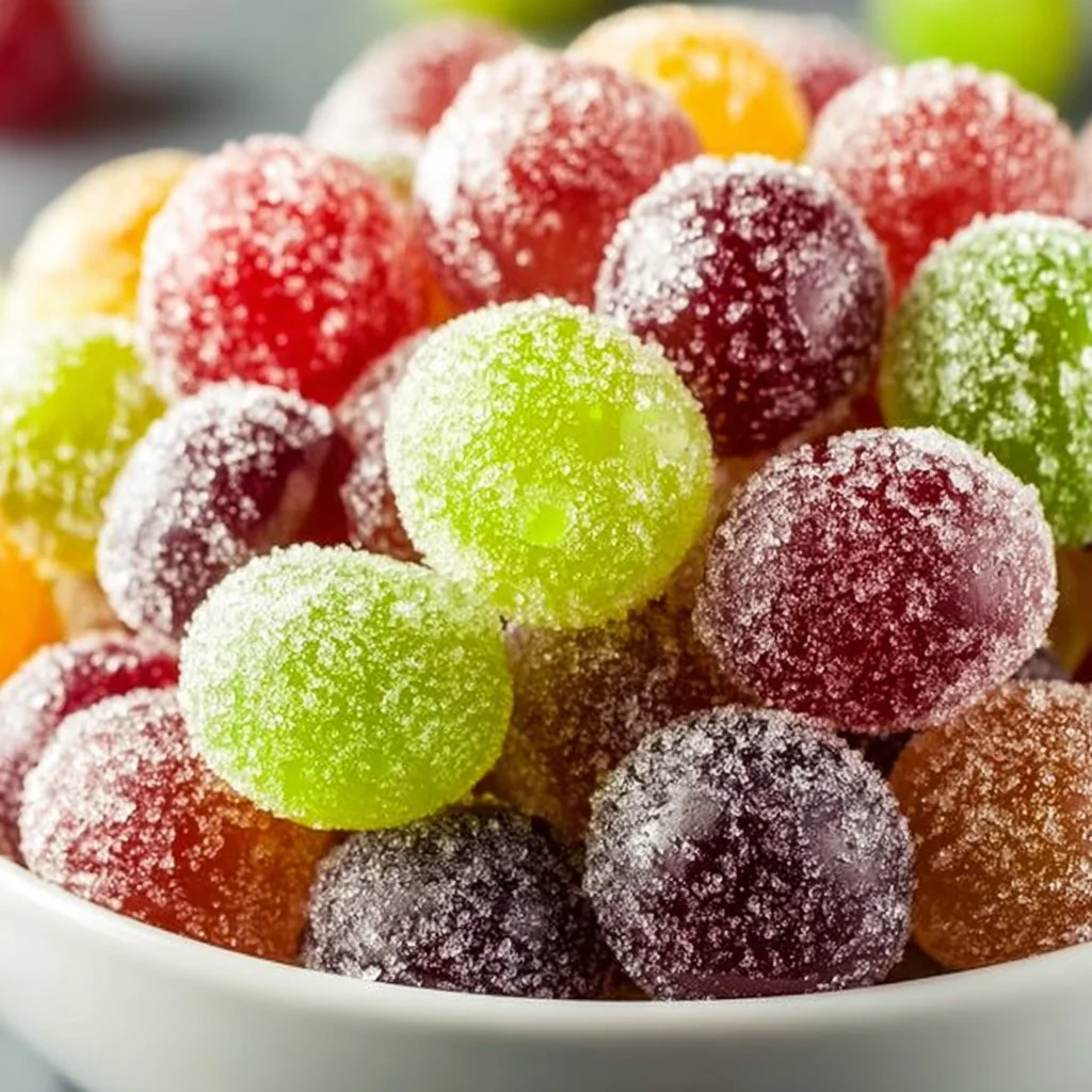 Sweet and colorful candied grapes on a plate, perfect vegan snack.