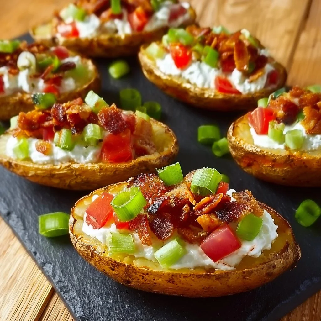 Deliciously loaded baked potato skins topped with cheese, bacon, and green onions.