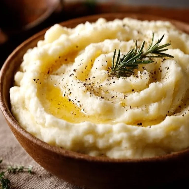 Bowl of ultra creamy mashed potatoes topped with butter and herbs