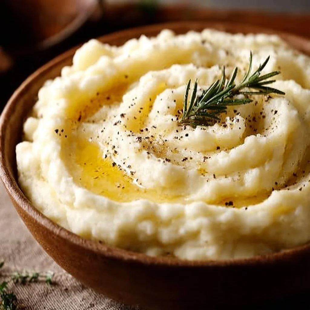 Bowl of ultra creamy mashed potatoes topped with butter and herbs