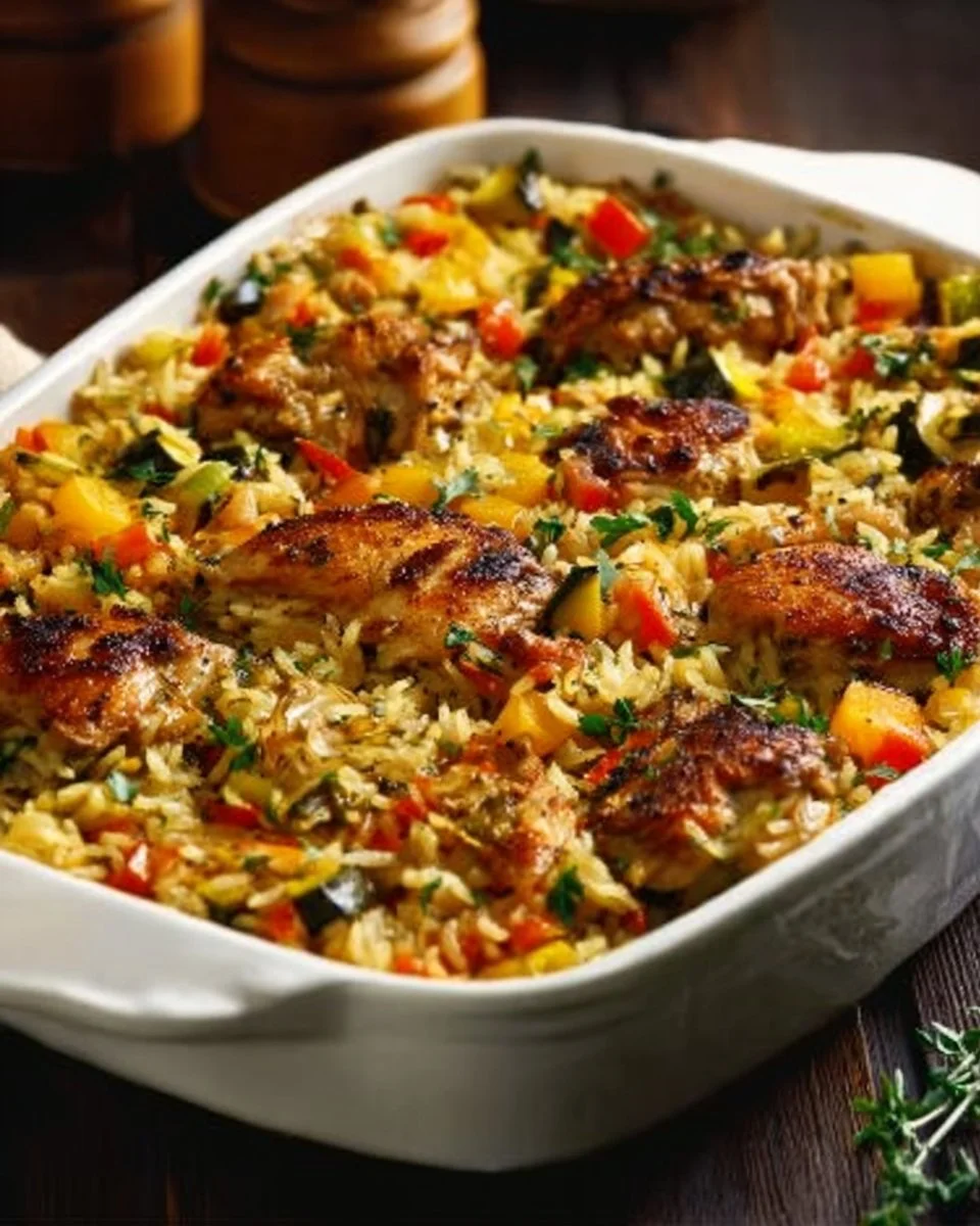 Baked rice with vegetables and chicken served in a one-pot meal.