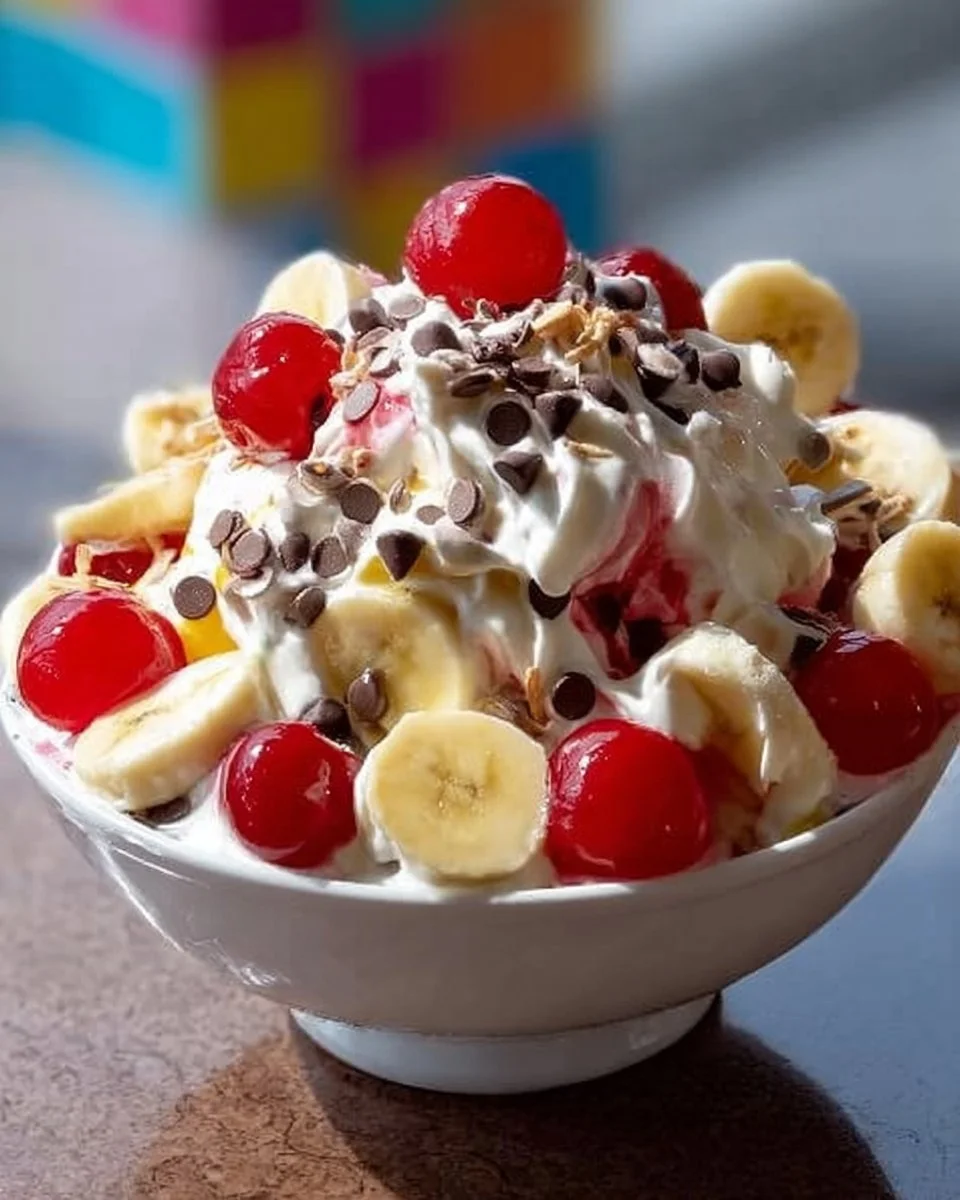 Delicious Banana Split Fluff dessert served in a bowl