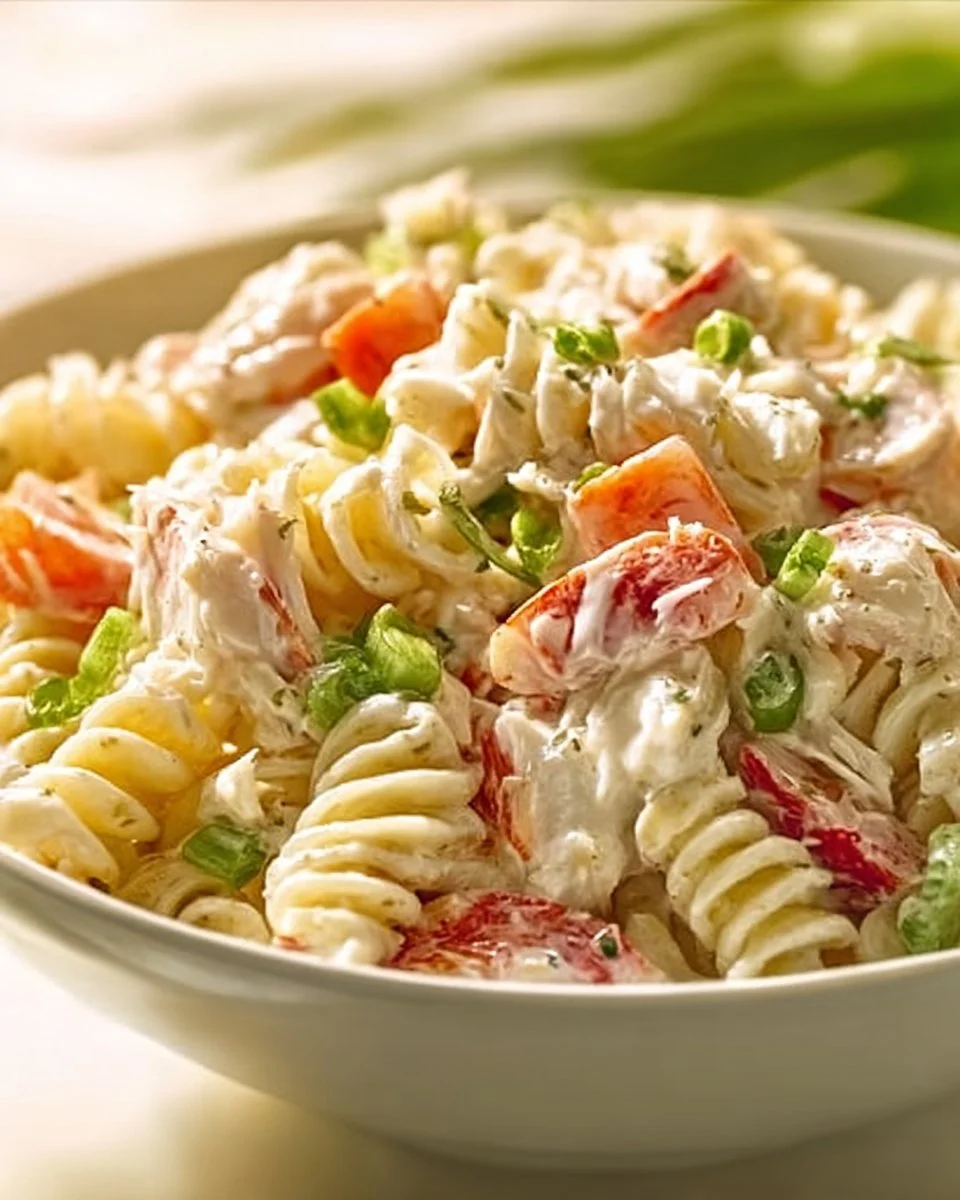 Delicious crab pasta salad served in a bowl for summer gatherings