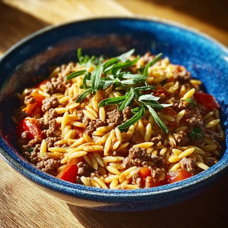 Delicious plate of ground beef orzo, a family-friendly dinner recipe.