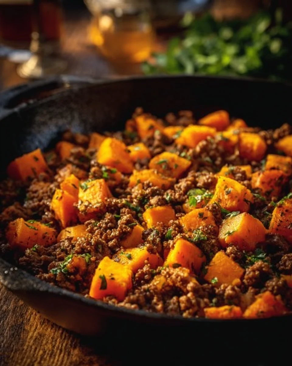 Delicious ground beef and sweet potatoes skillet meal in a pan