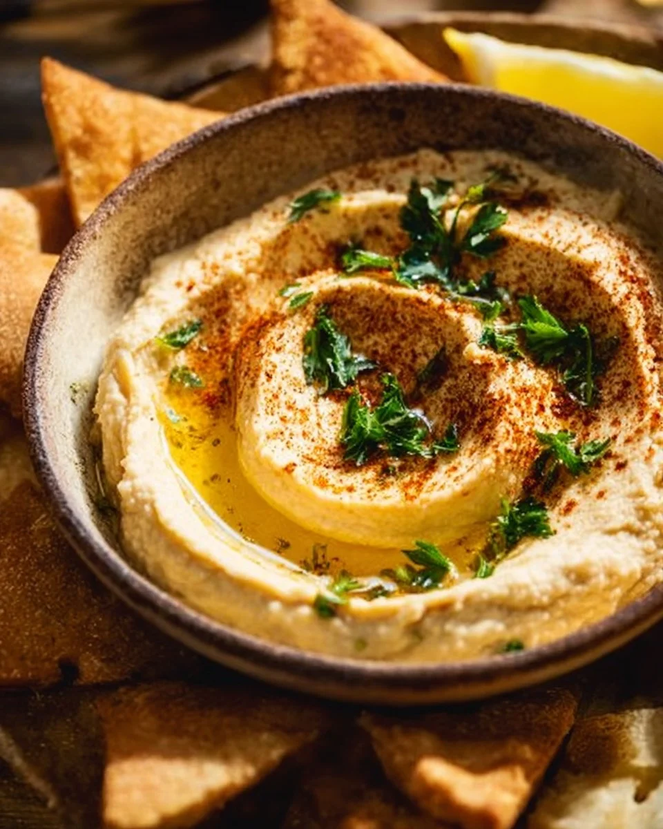 Delicious homemade hummus served with fresh vegetables and pita bread.