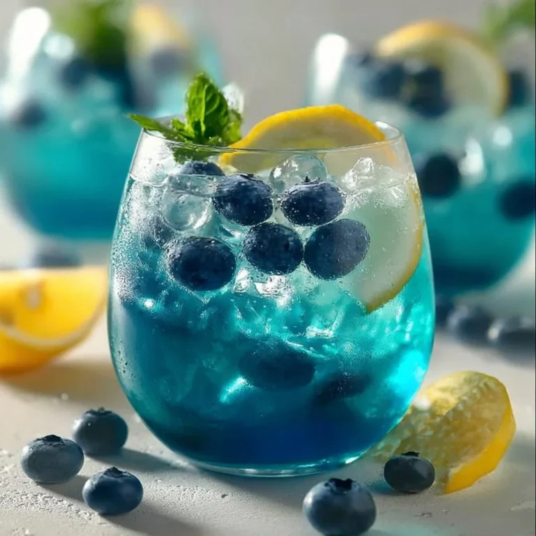 Winter Sapphire Punch cocktail garnished with seasonal fruits and ice