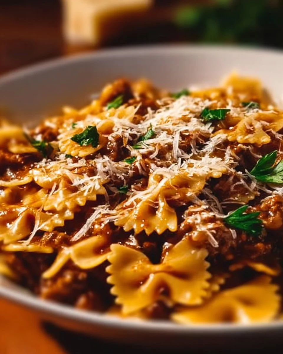 Cheesy beef and bowtie pasta served in a bowl, perfect for family dinners.