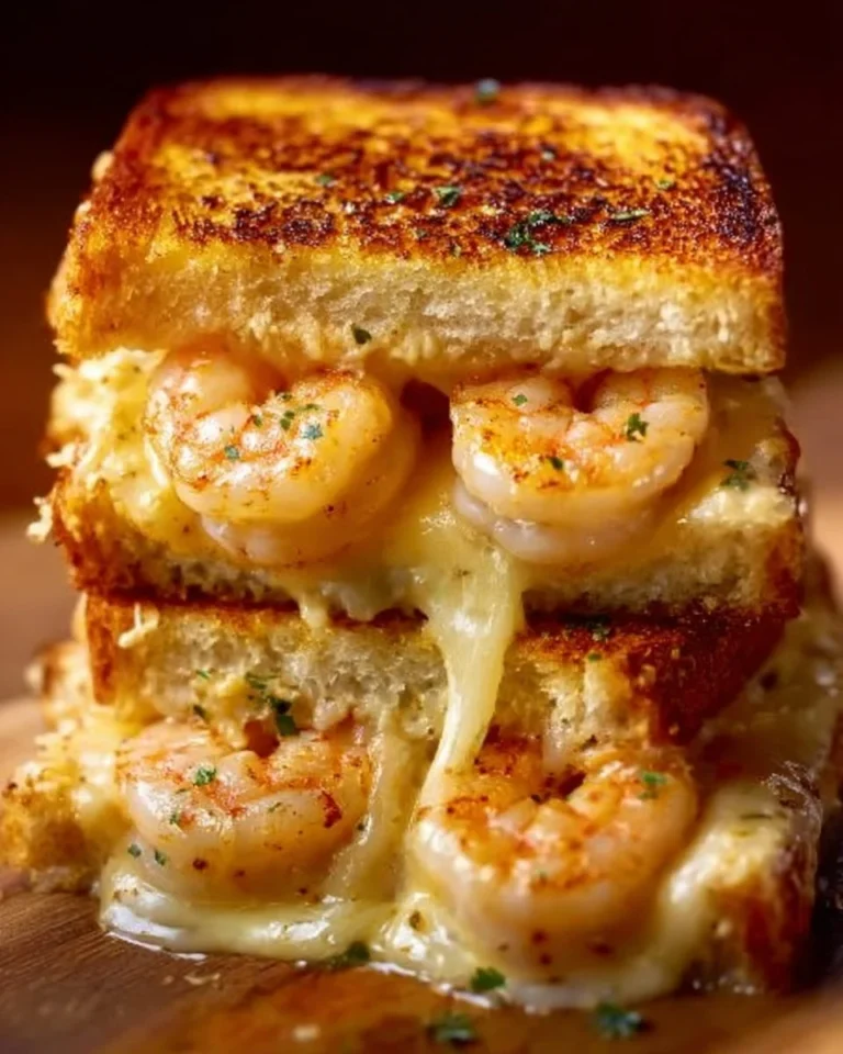 Cheesy garlic bread shrimp grilled cheese sandwich with gooey cheese