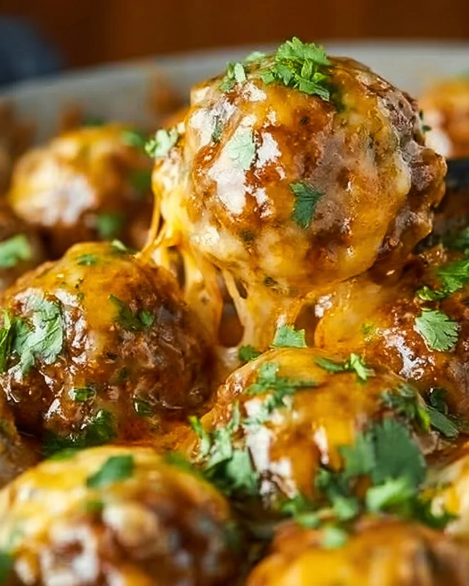 Cheesy Mexican meatballs in a serving dish, garnished with fresh herbs.