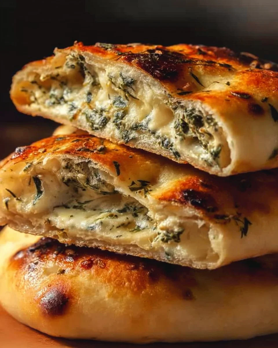 Cheesy spinach stuffed bread served on a wooden board with herbs.