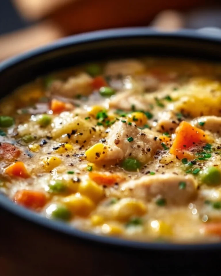 Bowl of creamy Chicken Pot Pie Soup topped with herbs and flaky pastry