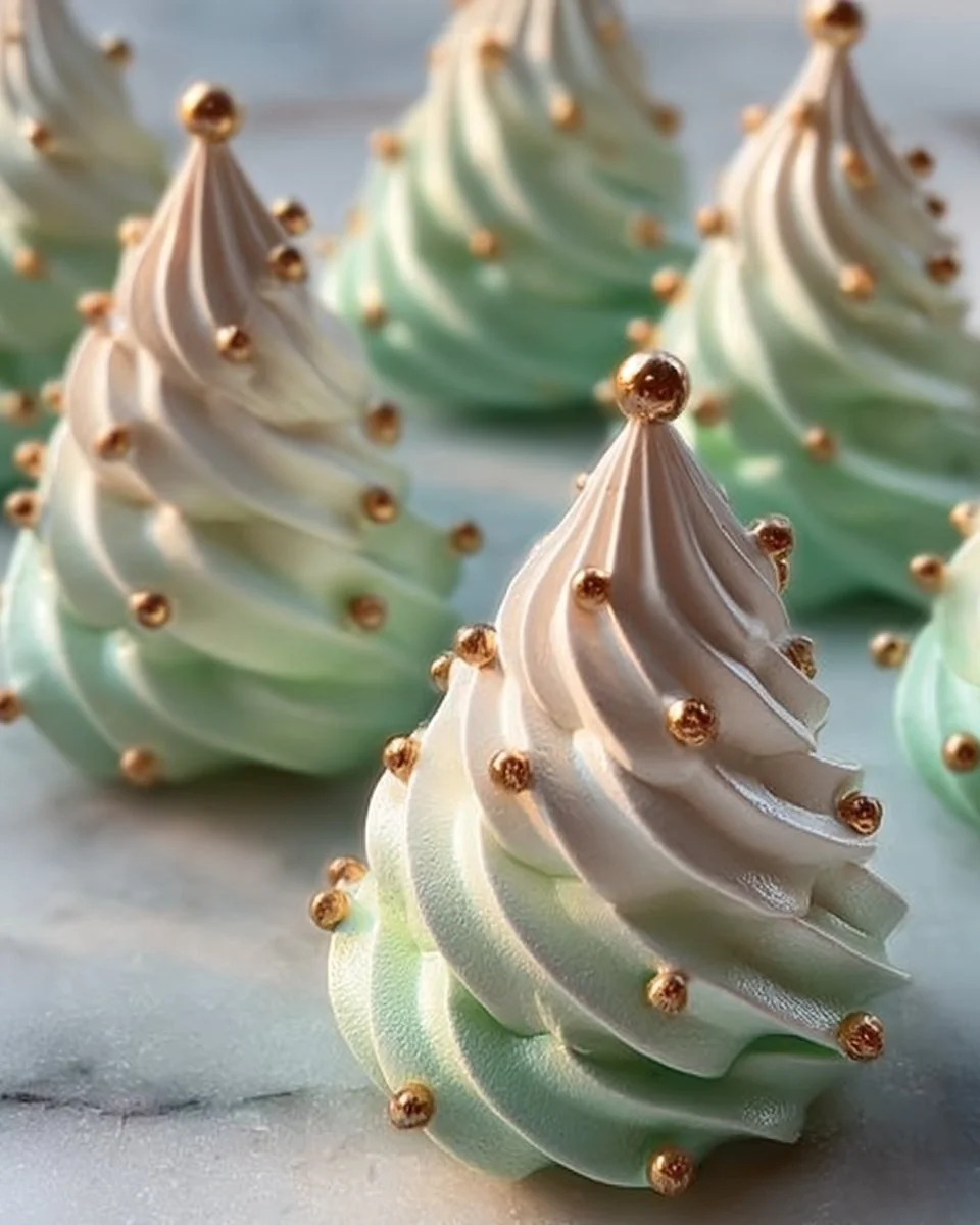 Festive Christmas Tree Meringues arranged on a plate, perfect for holiday treats.