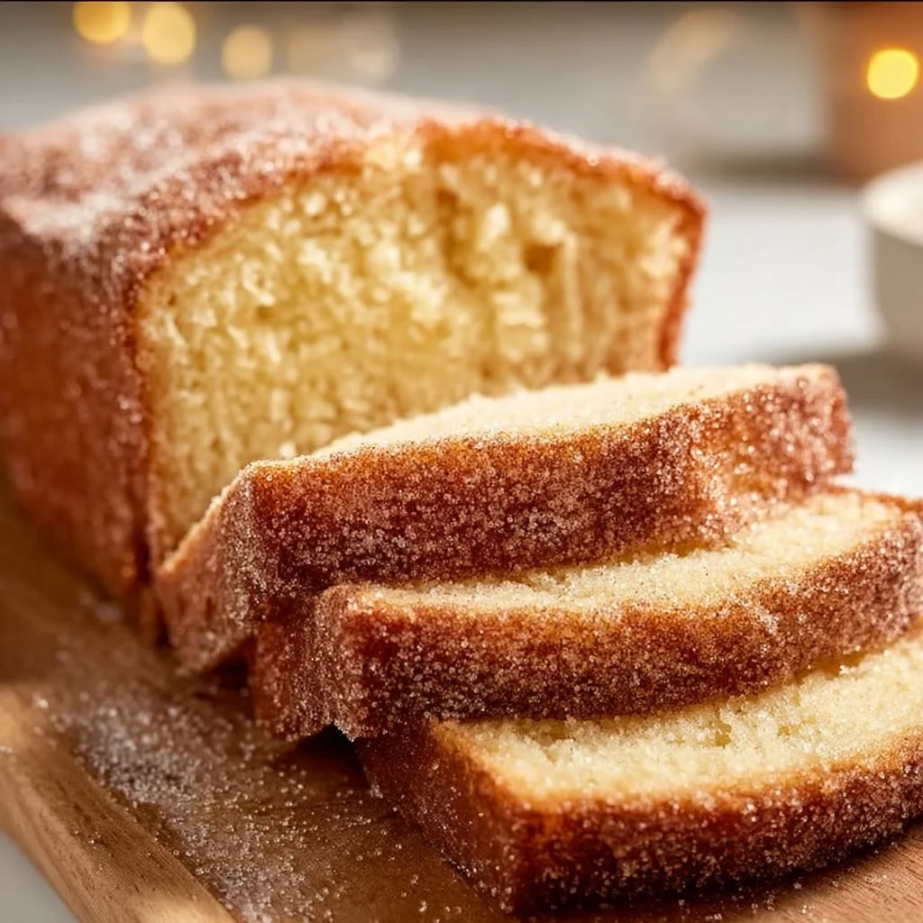 Freshly baked cinnamon sugar donut bread on a wooden table