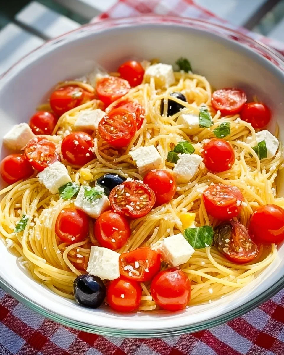 Delicious classic spaghetti pasta salad with fresh vegetables and herbs