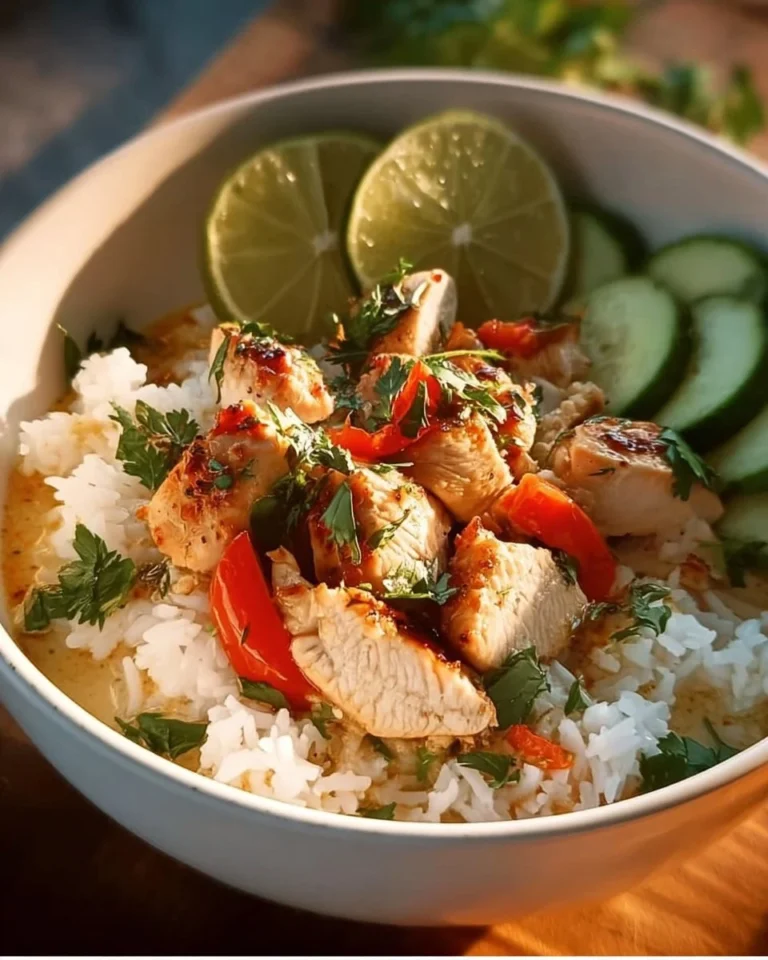 Delicious Coconut Chicken served with rice, a tropical comfort food dish.