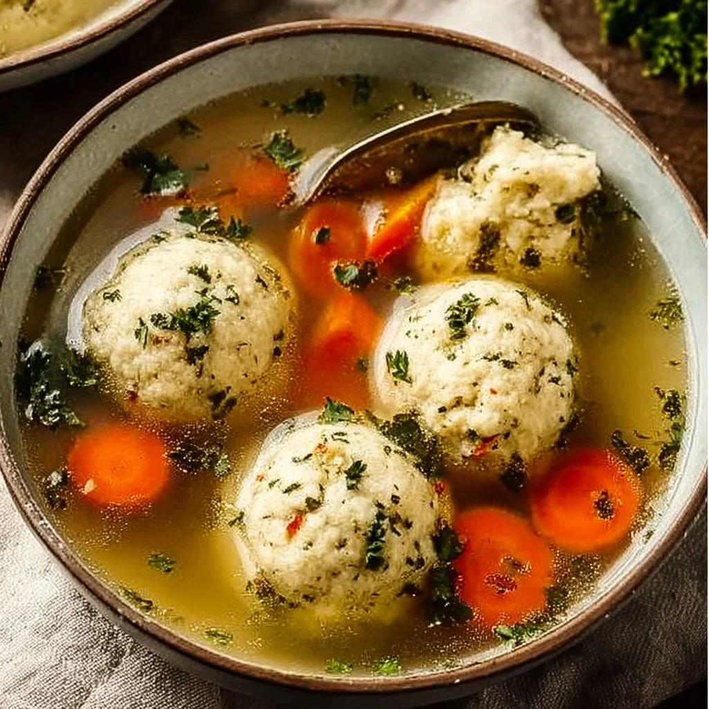 Bowl of comforting homemade matzo ball soup with fresh herbs.