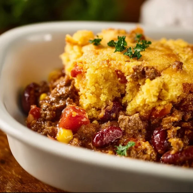 Delicious Cowboy Cornbread Casserole topped with cheese and served in a rustic dish