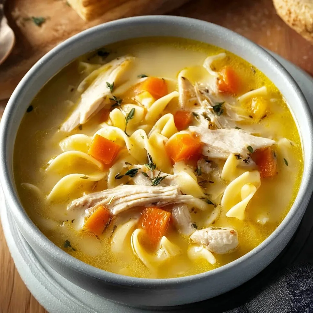 Bowl of cozy turkey noodle soup, perfect comfort meal for chilly days.