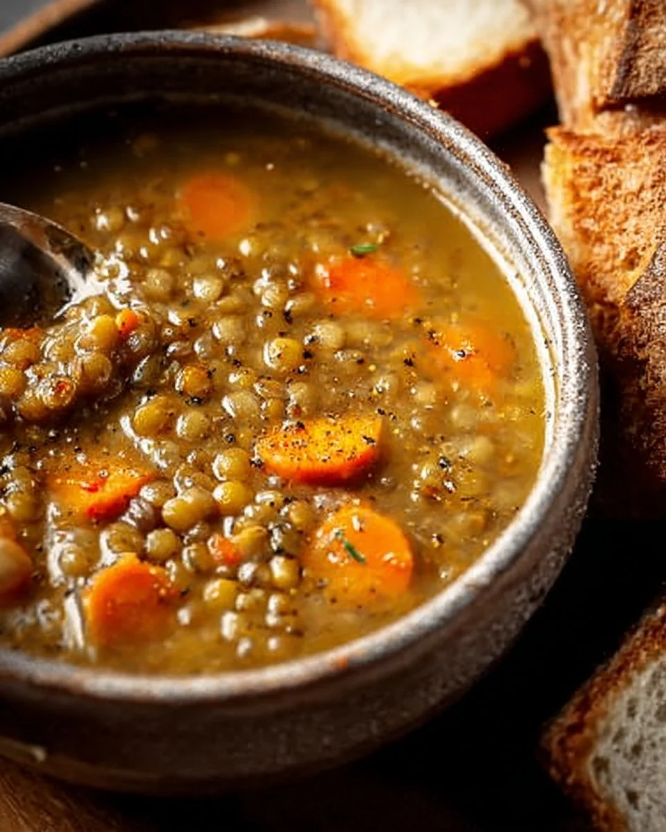 Bowl of French Lentil and Carrot Soup garnished with herbs