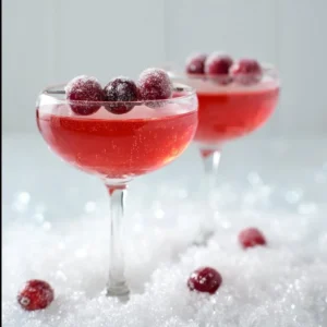 Cranberry Prosecco cocktail garnished with fresh cranberries and lime