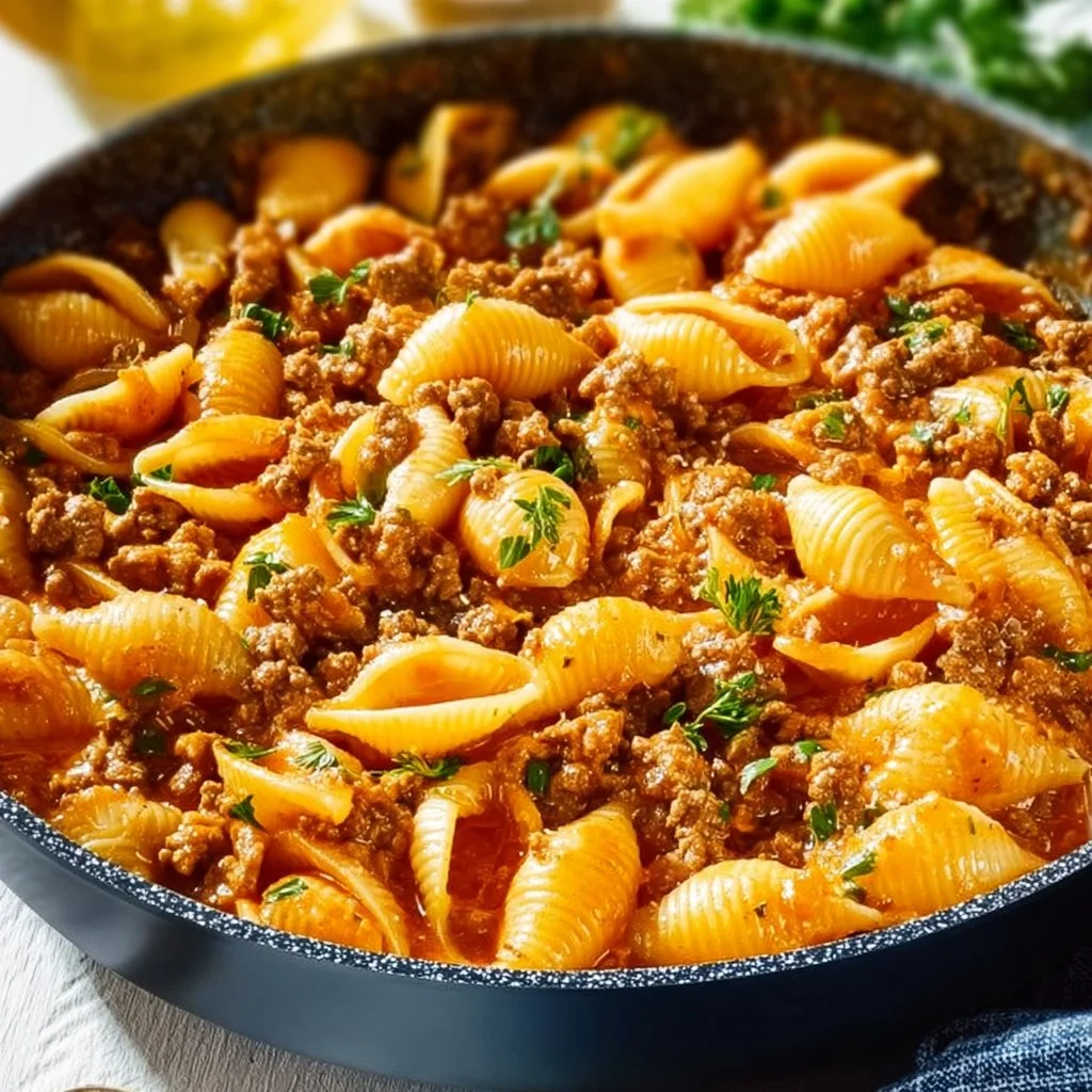 Creamy beef and shells dish served in a bowl, ready in 30 minutes