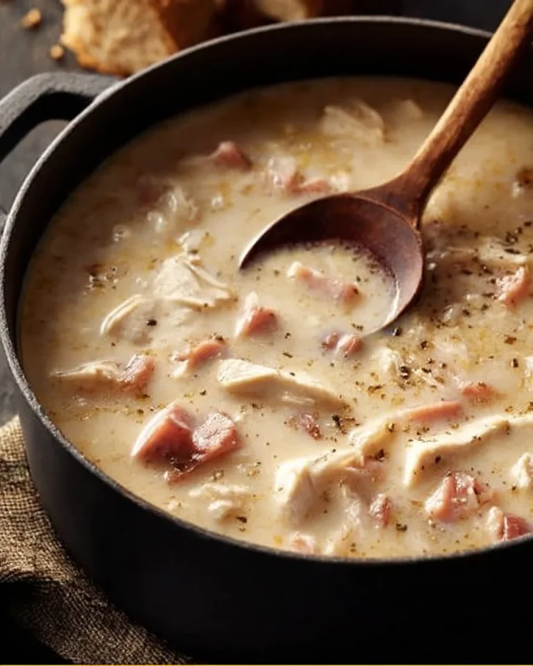 Bowl of creamy Chicken Cordon Bleu Soup with chicken, ham, and cheese