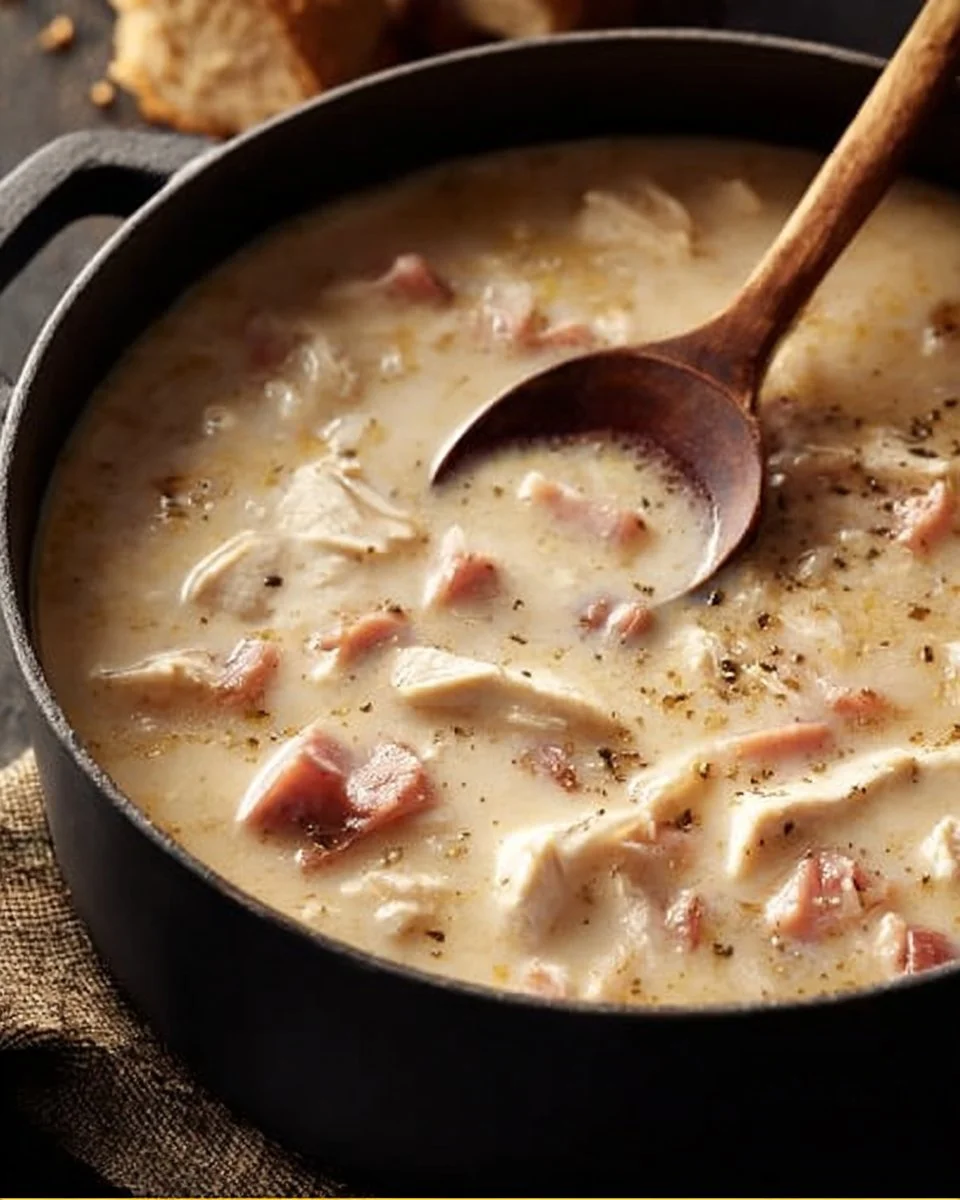 Bowl of creamy Chicken Cordon Bleu Soup with chicken, ham, and cheese