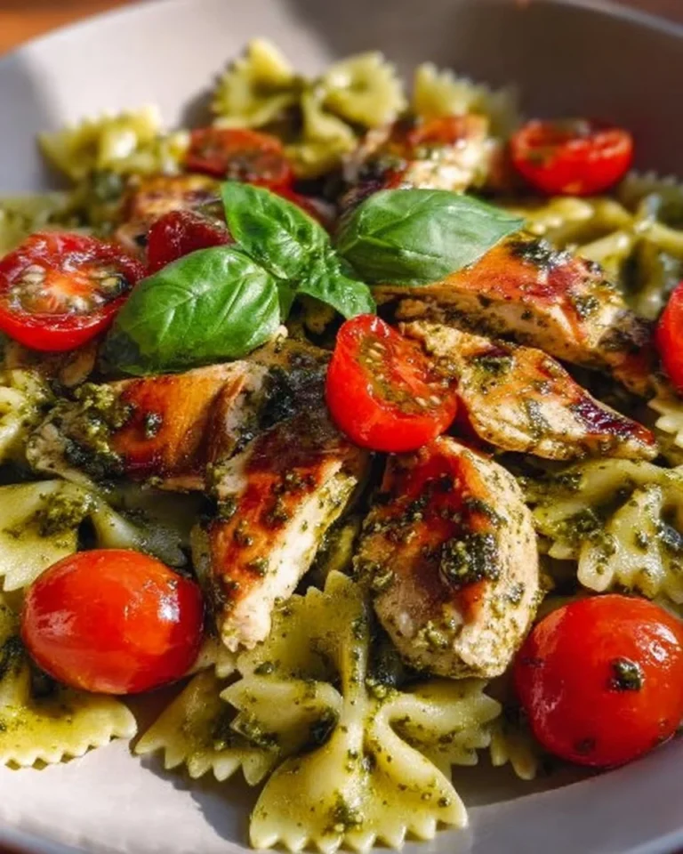 Creamy gluten-free chicken pesto pasta served in a bowl