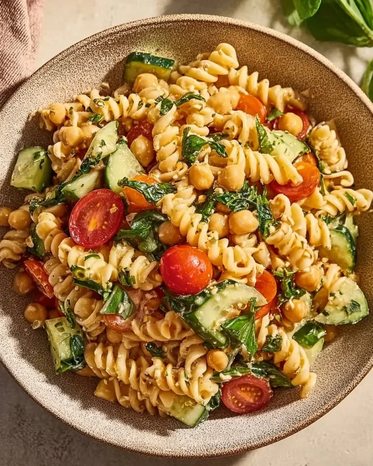 Bowl of creamy chickpea pasta salad with fresh vegetables