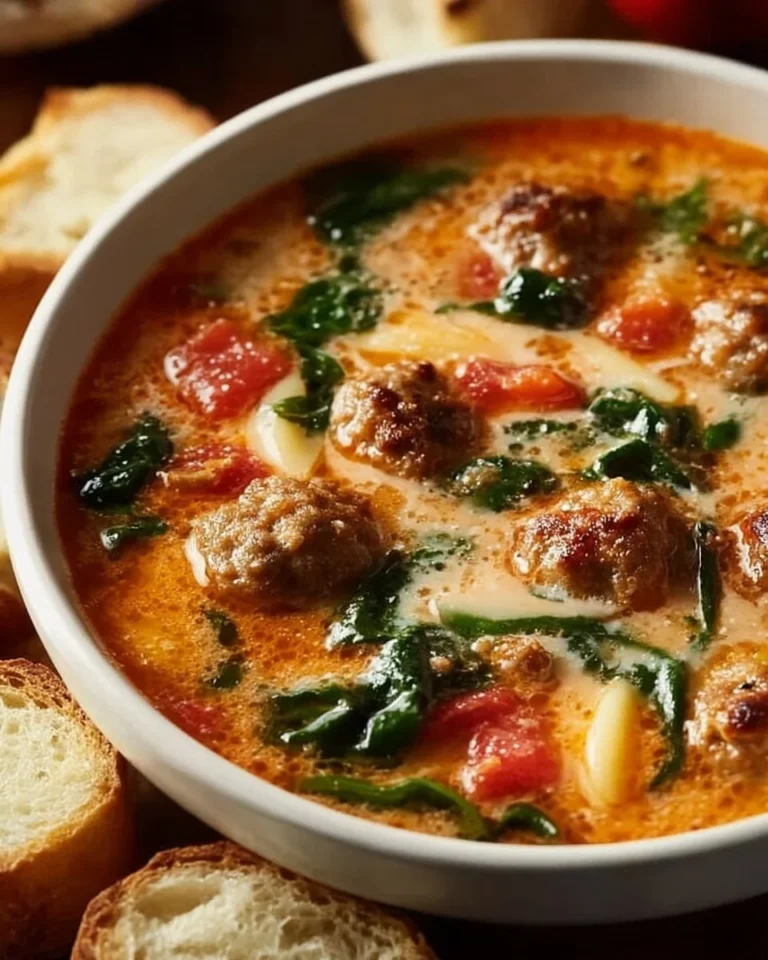 Creamy sausage soup served in a bowl with herbs and bread on the side.
