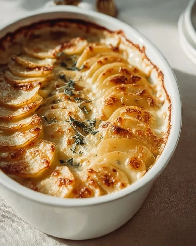 Creamy scalloped potatoes topped with crispy cheese edges in a baking dish.