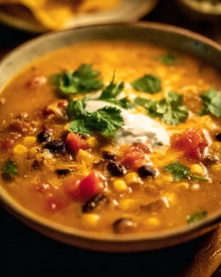 Creamy taco soup in a bowl topped with cheese and cilantro