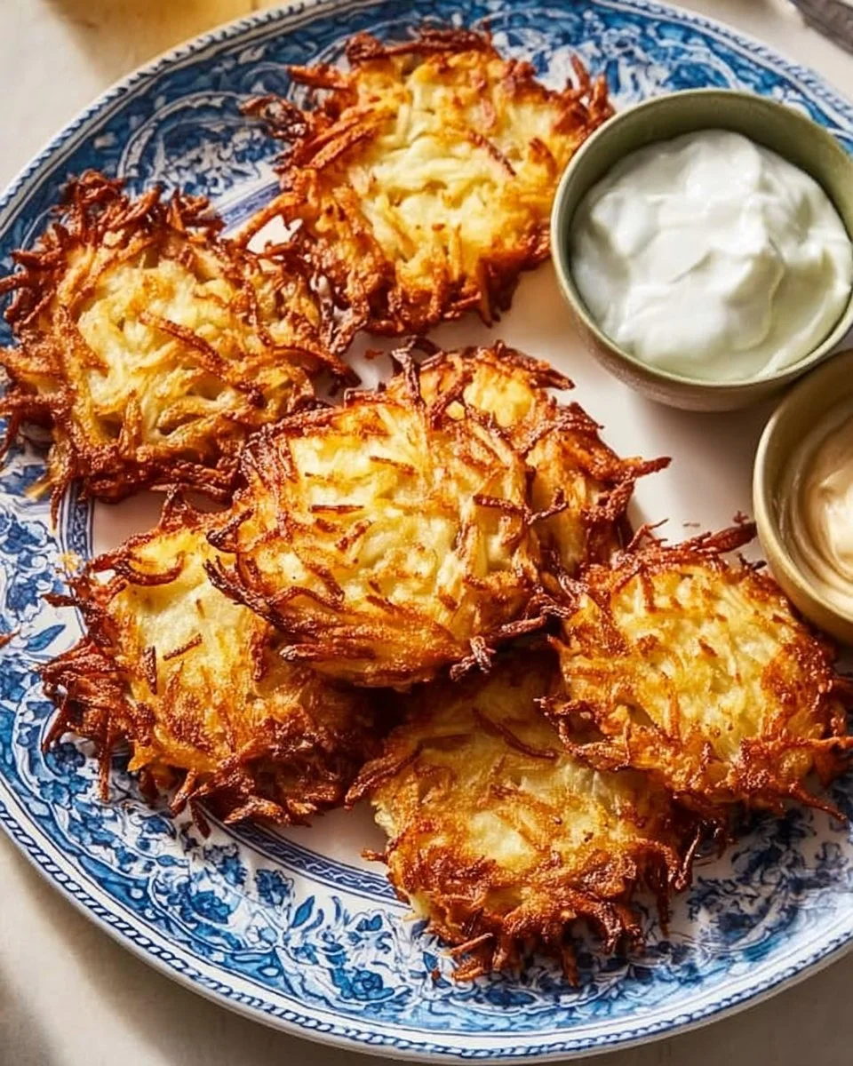 Crispy air fryer Hanukkah latkes served on a festive plate
