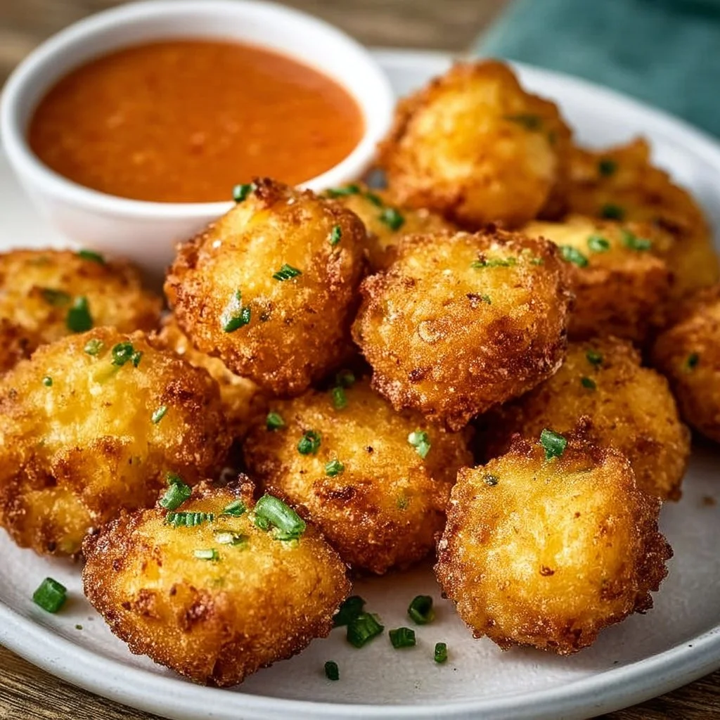 Plate of crispy cheesy grits fritters with zesty Cajun sauce drizzled on top.