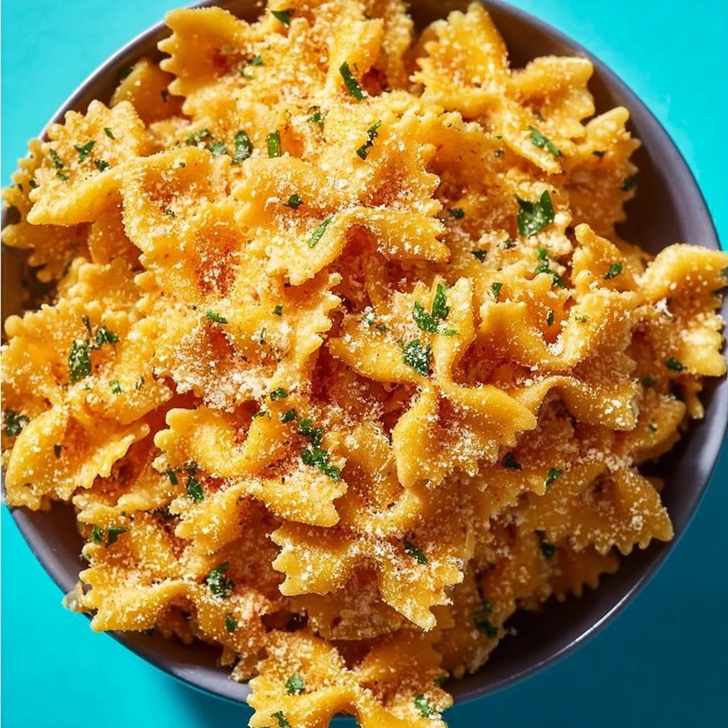 A plate of crispy pasta chips made in an air fryer.