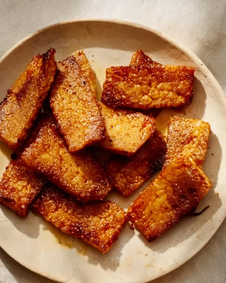 Delicious crispy tofu bacon served on a plate with fresh vegetables