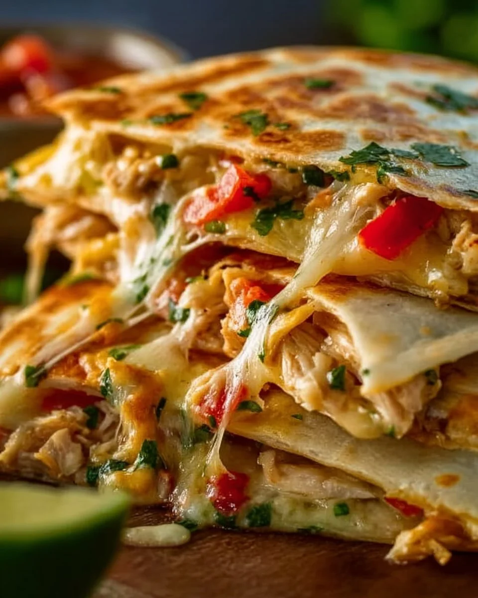 Delicious crockpot queso chicken quesadillas served on a plate