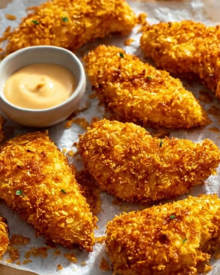 Crunchy cornflake chicken tenders served with dipping sauce on a plate.
