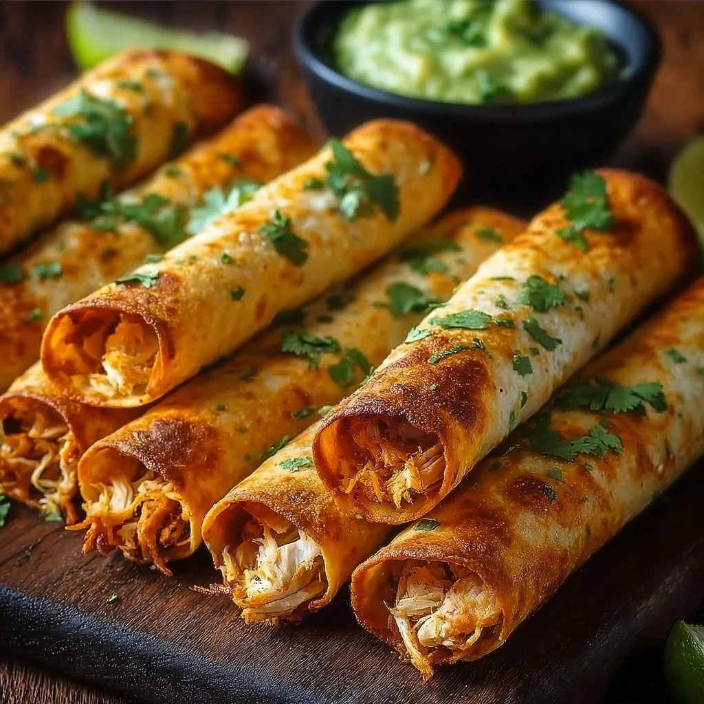 Plate of crispy oven-baked chicken taquitos ready to enjoy