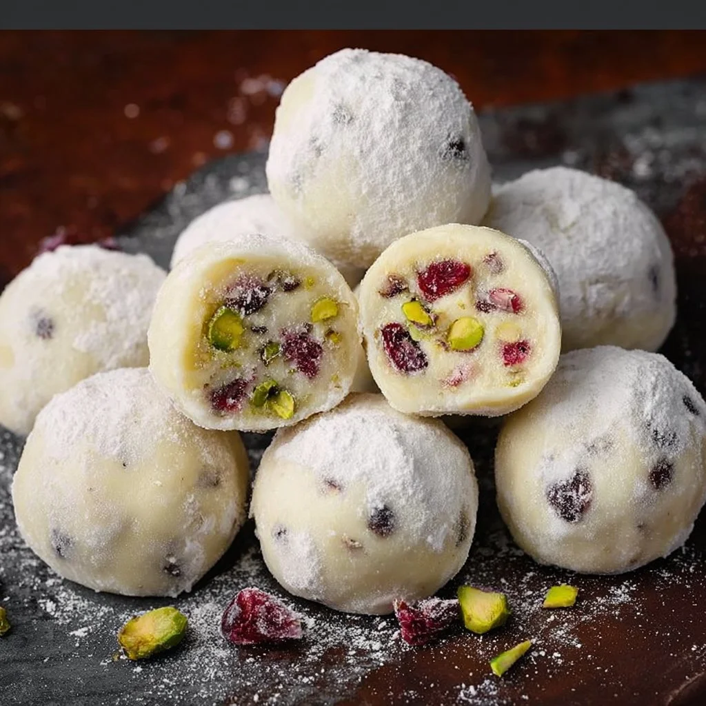 Decadent cranberry pistachio white chocolate truffles on a decorative plate.