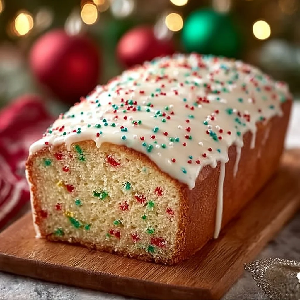 Festively decorated buttermilk bread with Christmas sprinkles on a plate.