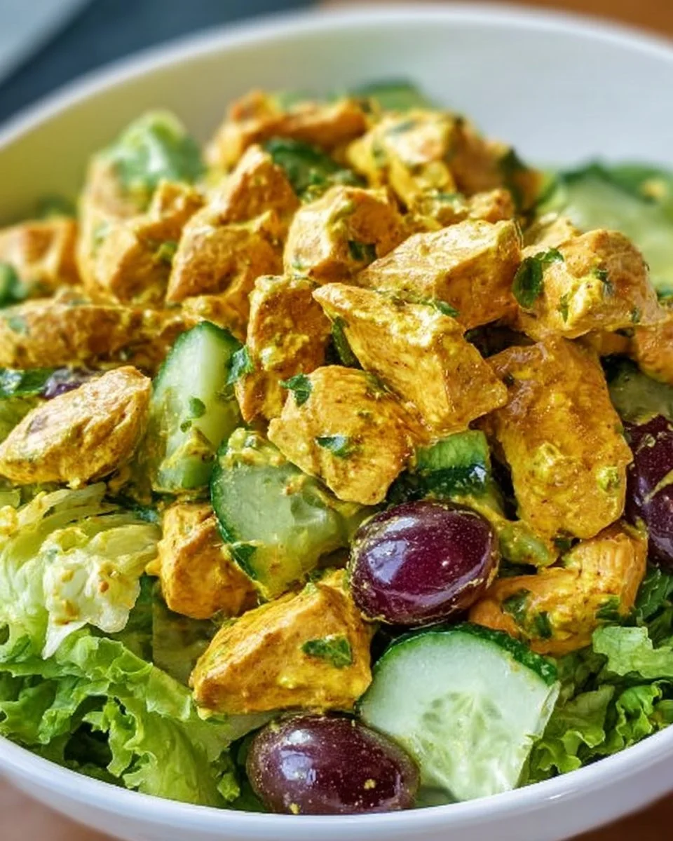 Delicious curry chicken salad with grapes served in a bowl