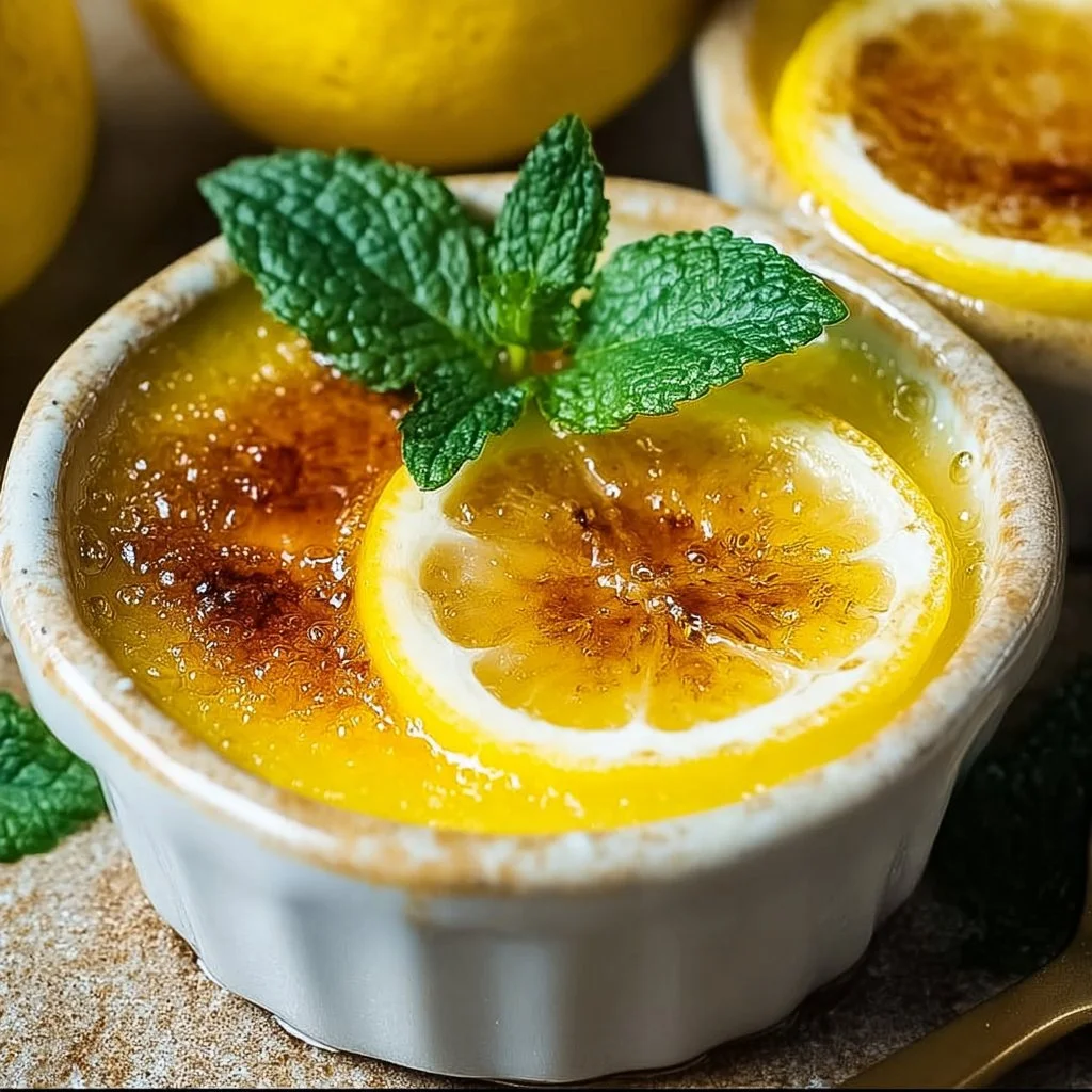Delicious lemon posset brûlée dessert in a stylish glass bowl
